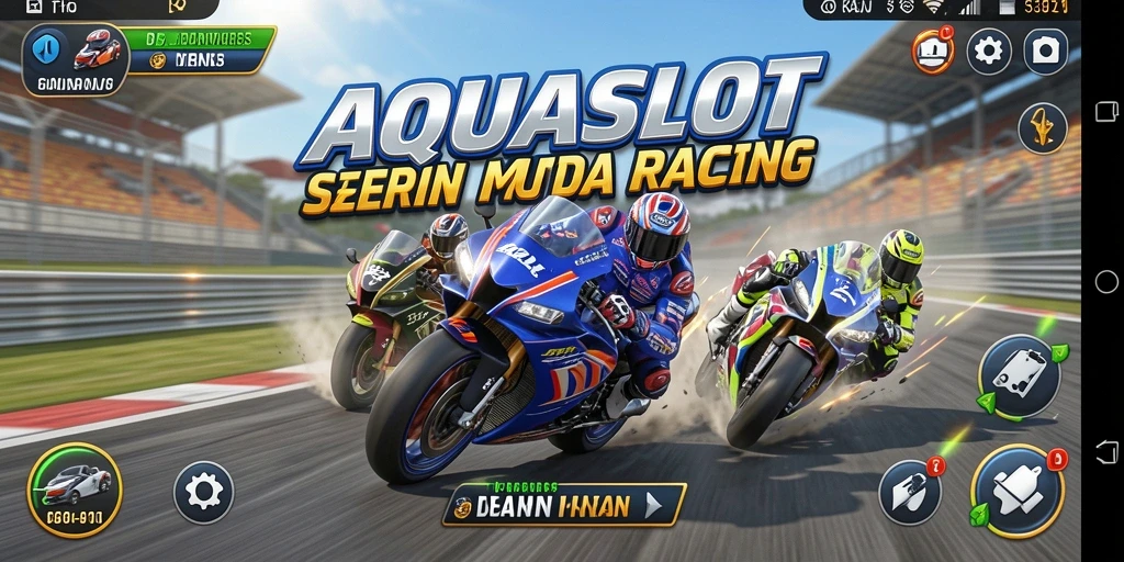 Tampilan gameplay AQUASLOT yang mendebarkan dalam balapan motor.