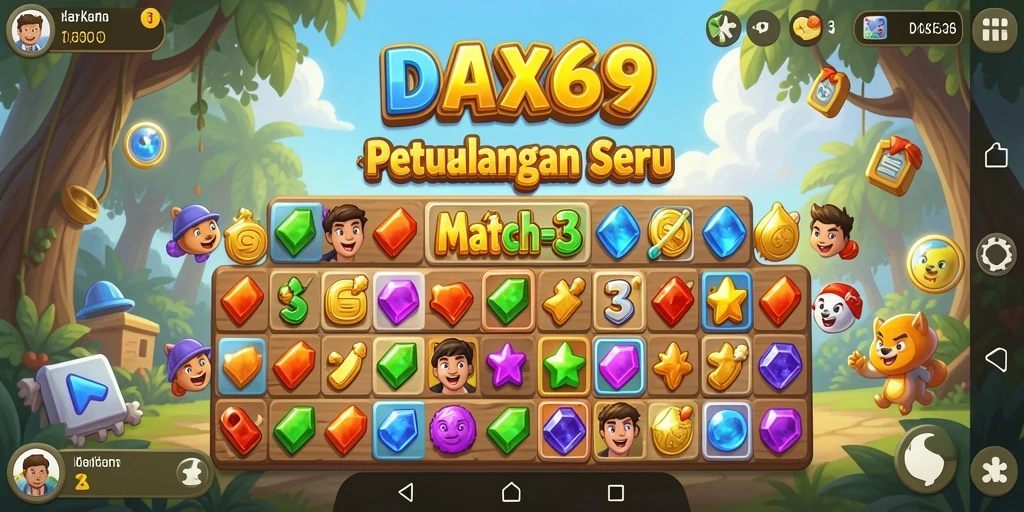 Tangkapan layar gameplay DAX69 menampilkan kombinasi permata yang menarik.