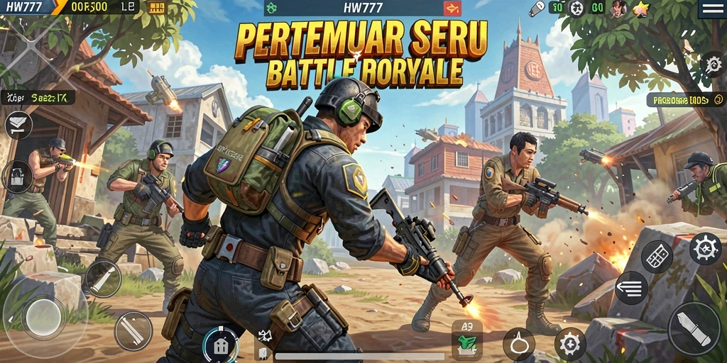 Screenshot HW777 menampilkan pertempuran seru di peta luas Battle Royale.