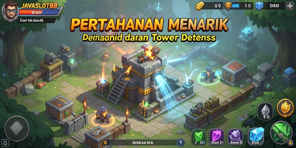 Screenshot gameplay <strong>JAVASLOT88</strong> menampilkan menara yang siap bertahan dari serangan musuh.