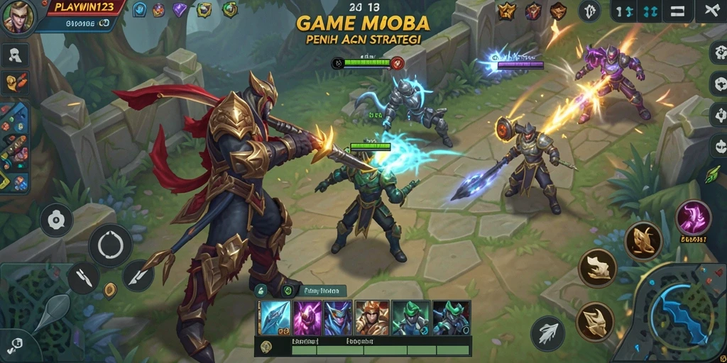 Tangkapan layar utama PLAYWIN123 yang menunjukkan pertarungan seru di arena MOBA.