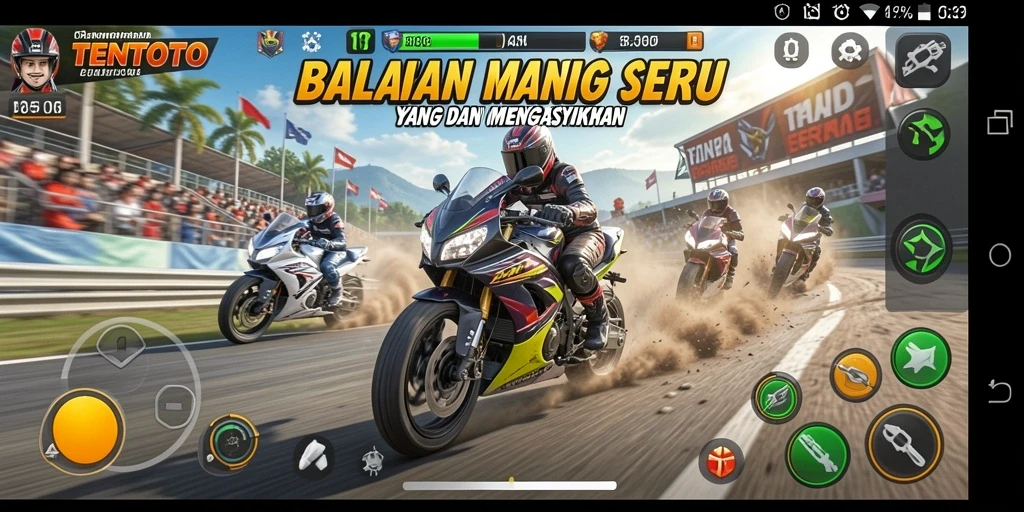 Screenshot gameplay TENTOTO menampilkan aksi balapan motor yang mendebarkan.